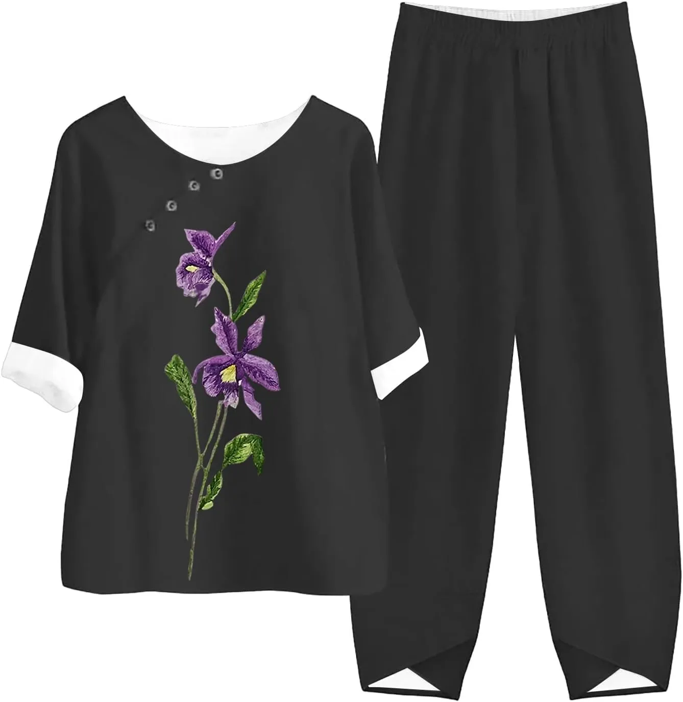 2 Piece Linen Set for Women Long Pants Baggy Loose Cotton Linen Tops 3/4 Sleeve Plus Size Summer Outfits Casual Sets