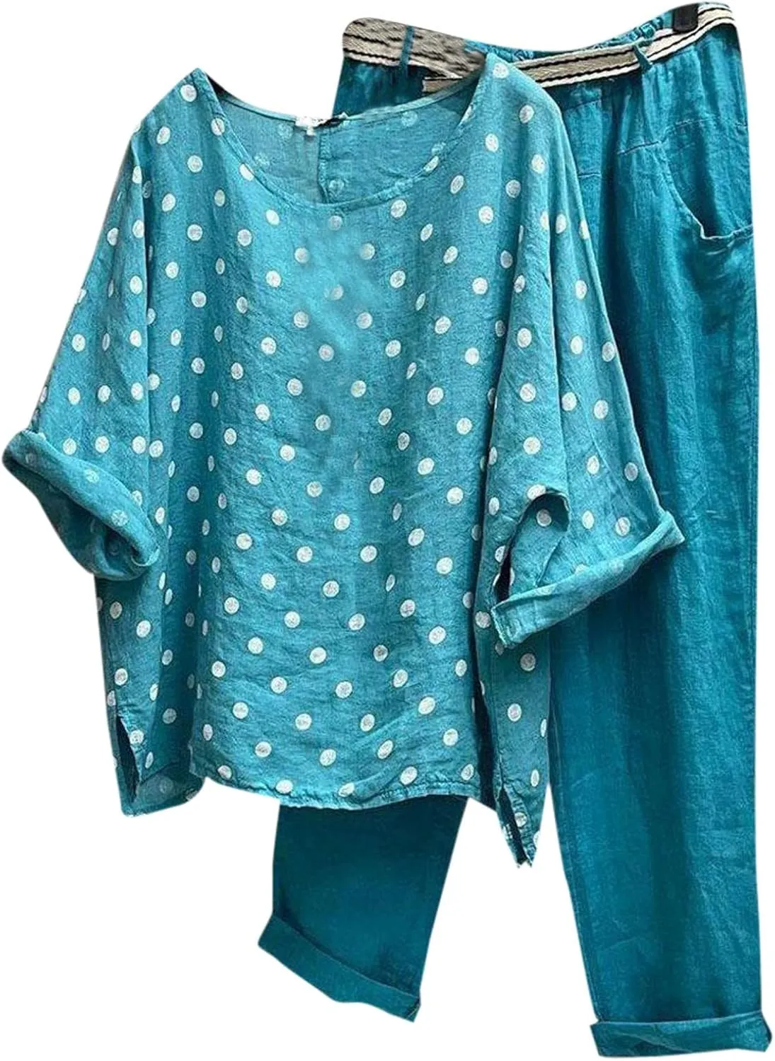 2 Piece Linen Set for Women Long Pants Baggy Loose Cotton Linen Tops 3/4 Sleeve Plus Size Summer Outfits Casual Sets