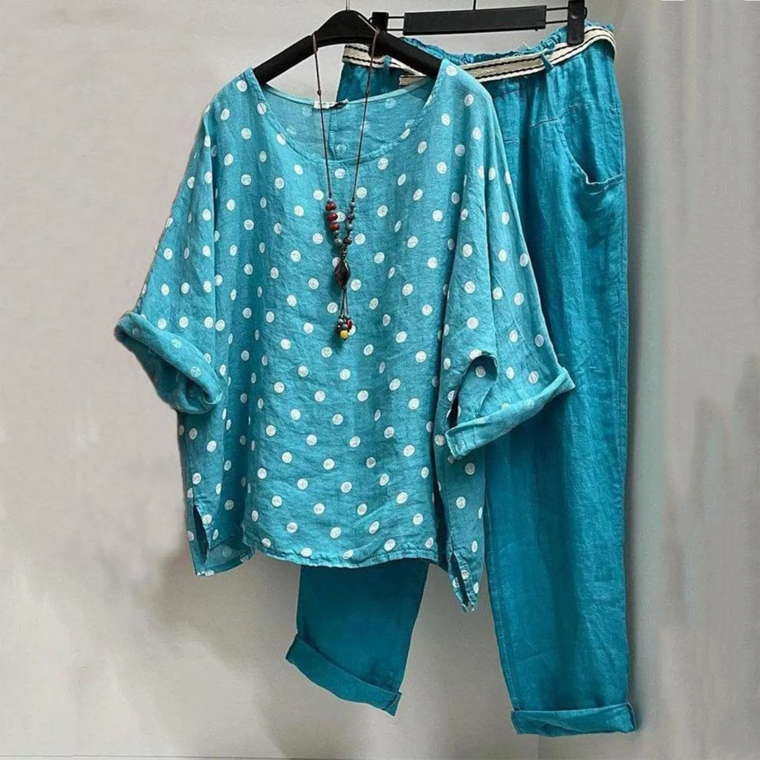 2 Piece Linen Set for Women Long Pants Baggy Loose Cotton Linen Tops 3/4 Sleeve Plus Size Summer Outfits Casual Sets