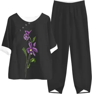 2 Piece Linen Set for Women Long Pants Baggy Loose Cotton Linen Tops 3/4 Sleeve Plus Size Summer Outfits Casual Sets