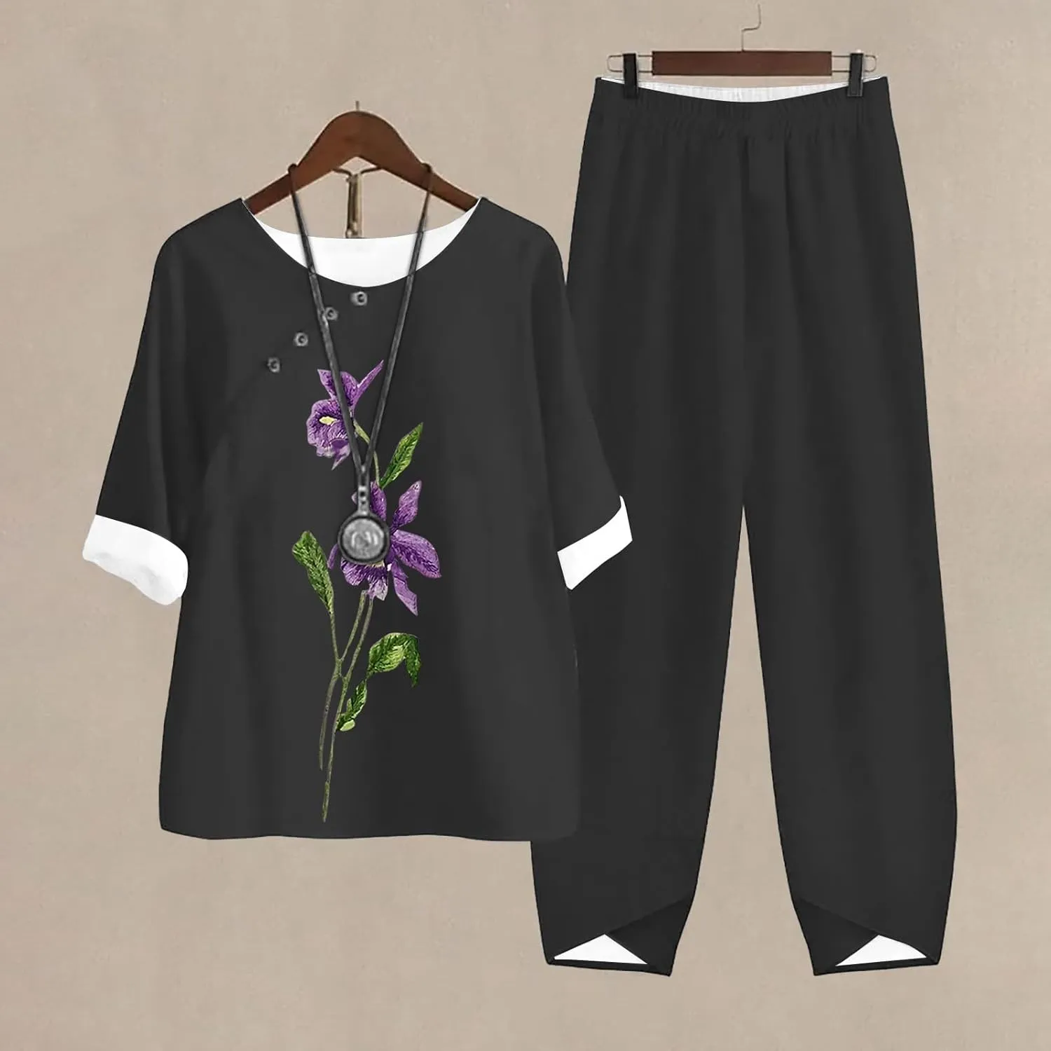 2 Piece Linen Set for Women Long Pants Baggy Loose Cotton Linen Tops 3/4 Sleeve Plus Size Summer Outfits Casual Sets