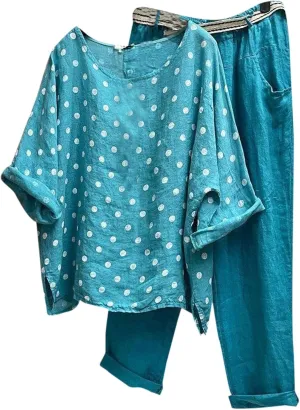 2 Piece Linen Set for Women Long Pants Baggy Loose Cotton Linen Tops 3/4 Sleeve Plus Size Summer Outfits Casual Sets