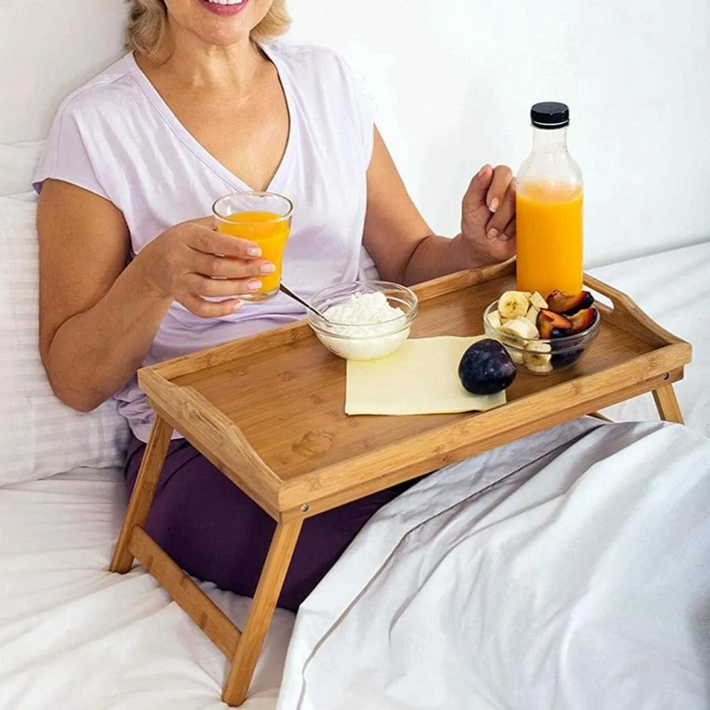 2x Bamboo Bed Table | Breakfast/Snack Serving Tray with Foldable Legs
