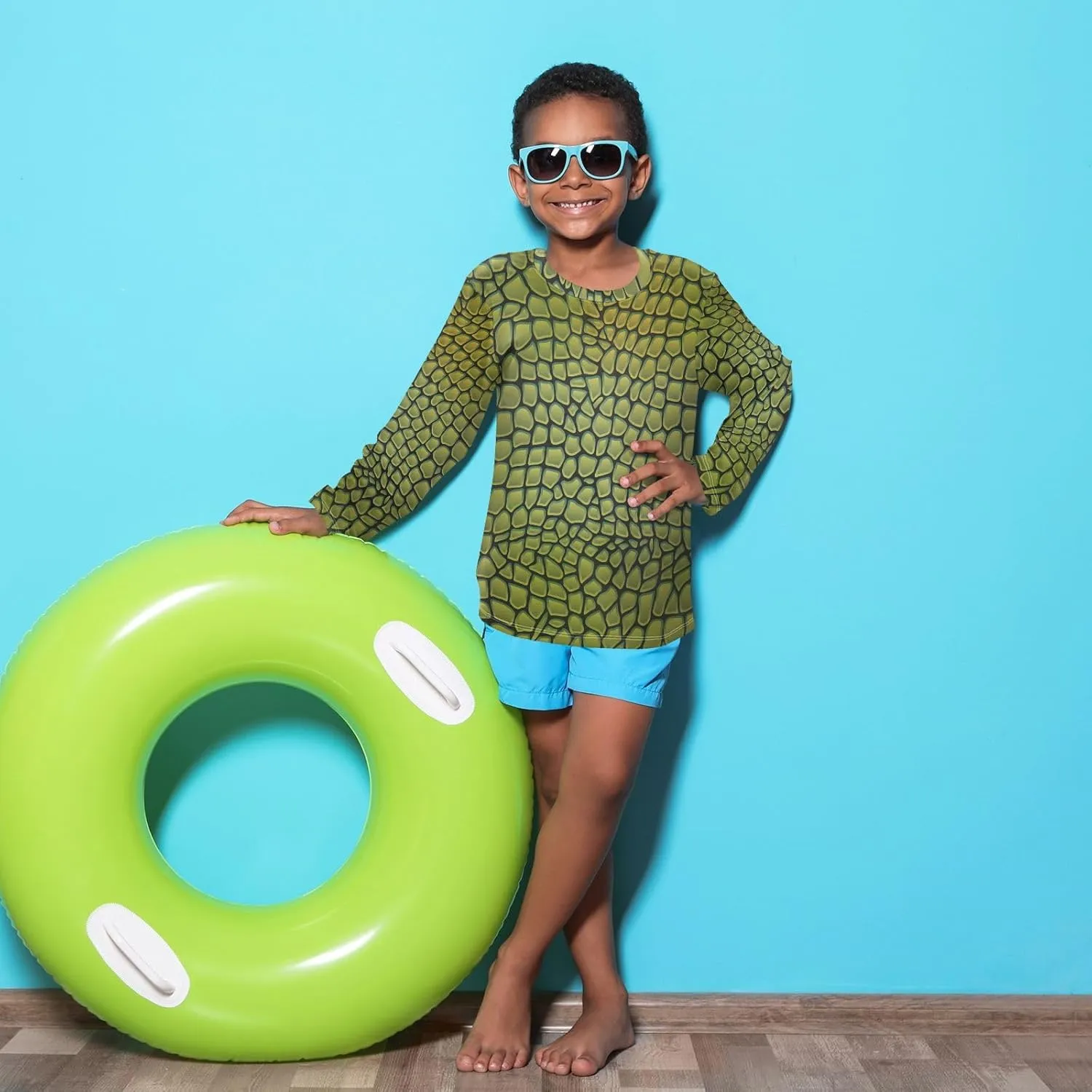 Aflyko Animal Print Boys' Rash Guard Shirts Green Alligator Skin Nature Swim Shirt 3-12T