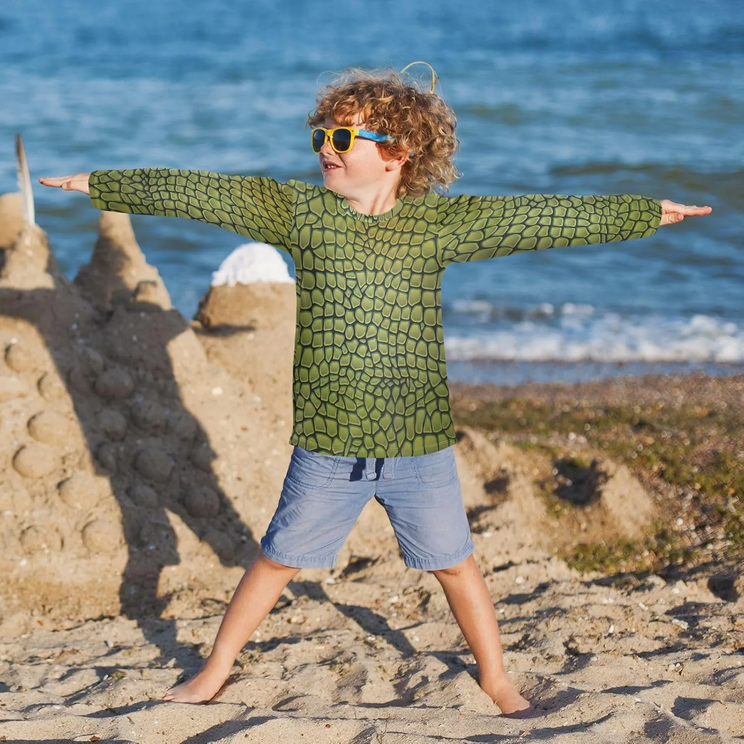 Aflyko Animal Print Boys' Rash Guard Shirts Green Alligator Skin Nature Swim Shirt 3-12T