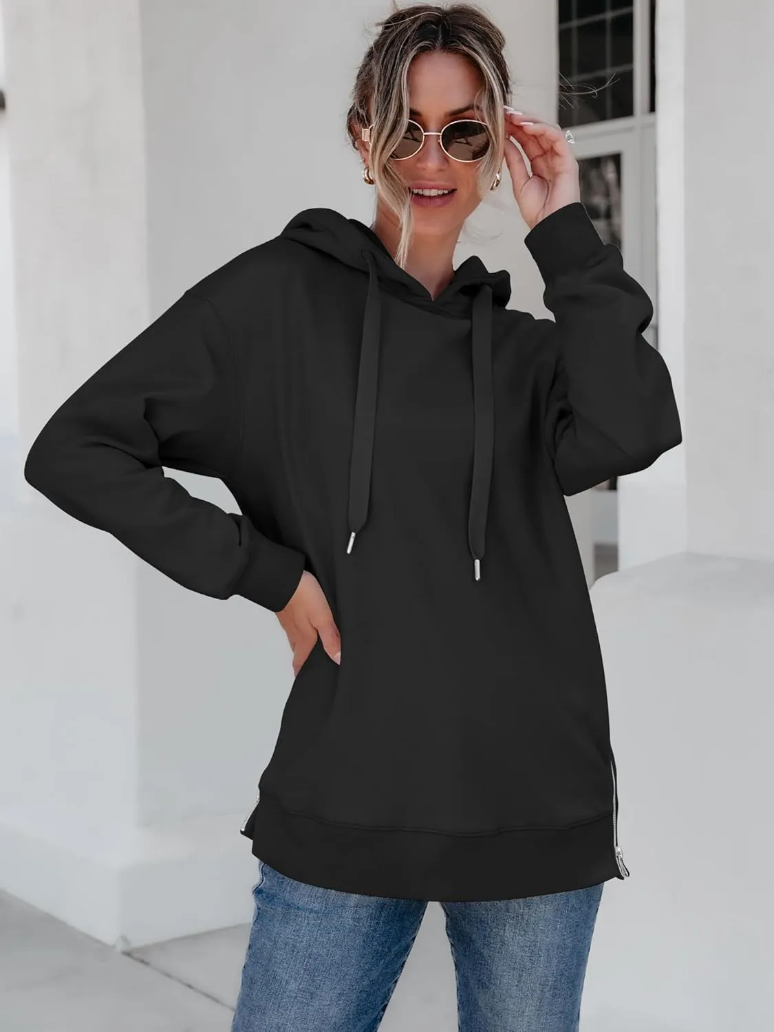 ANRABESS Women Oversized Hoodies Side Zipper Fleece Long Sweatshirts Lightweight Tunic Pullover 2025 Fall Trendy Clothes