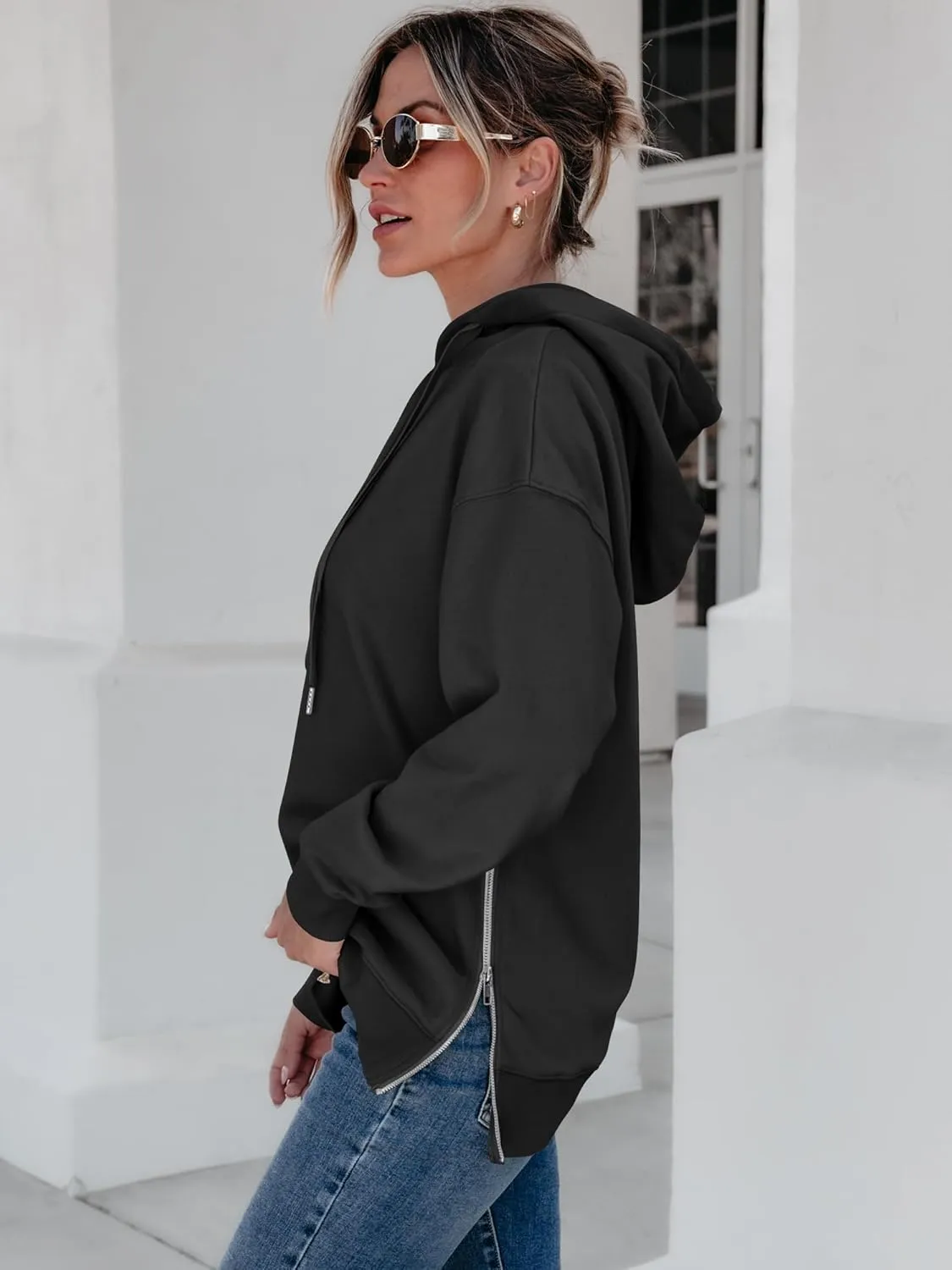 ANRABESS Women Oversized Hoodies Side Zipper Fleece Long Sweatshirts Lightweight Tunic Pullover 2025 Fall Trendy Clothes