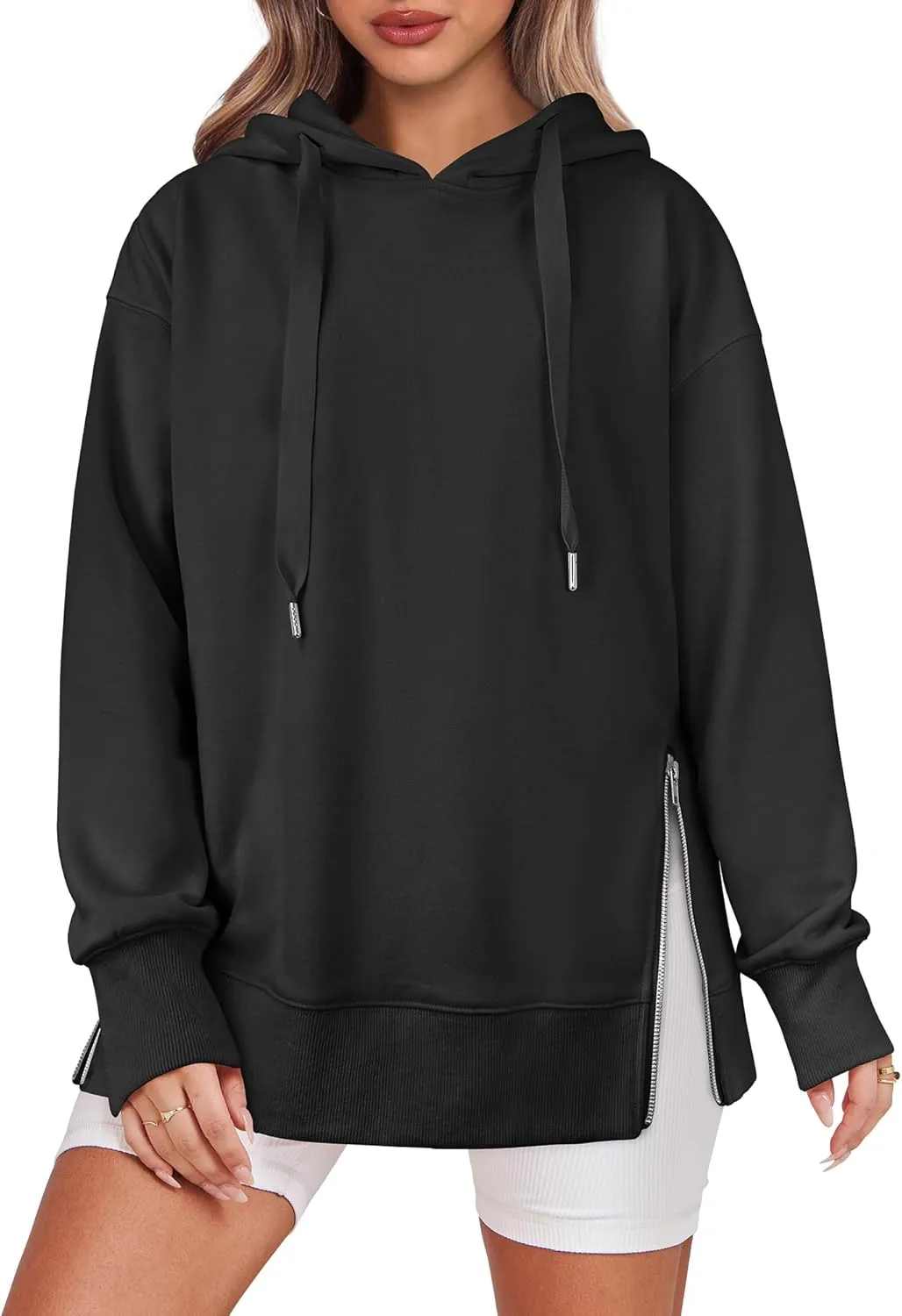 ANRABESS Women Oversized Hoodies Side Zipper Fleece Long Sweatshirts Lightweight Tunic Pullover 2025 Fall Trendy Clothes