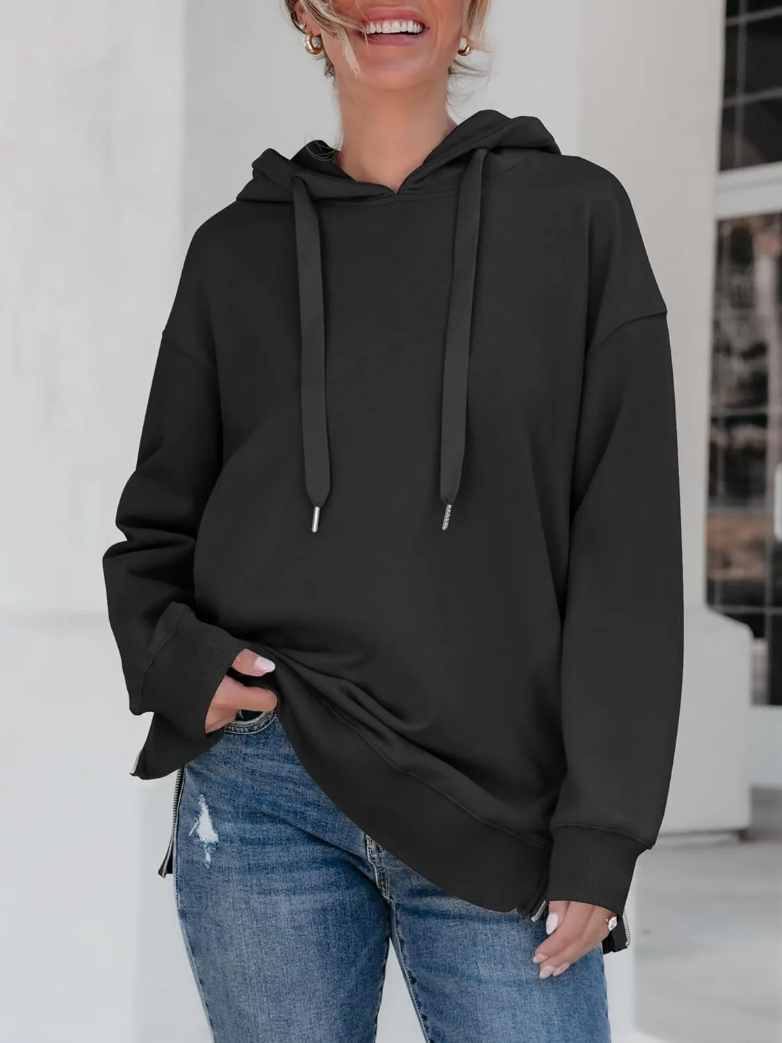 ANRABESS Women Oversized Hoodies Side Zipper Fleece Long Sweatshirts Lightweight Tunic Pullover 2025 Fall Trendy Clothes