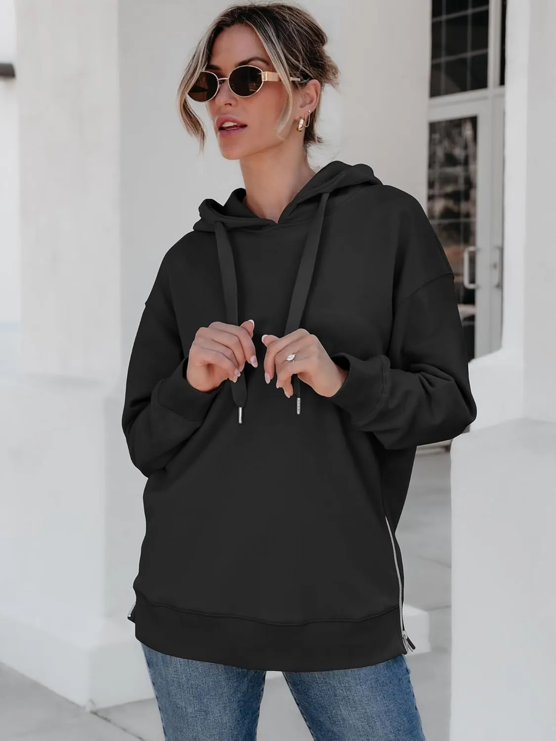 ANRABESS Women Oversized Hoodies Side Zipper Fleece Long Sweatshirts Lightweight Tunic Pullover 2025 Fall Trendy Clothes
