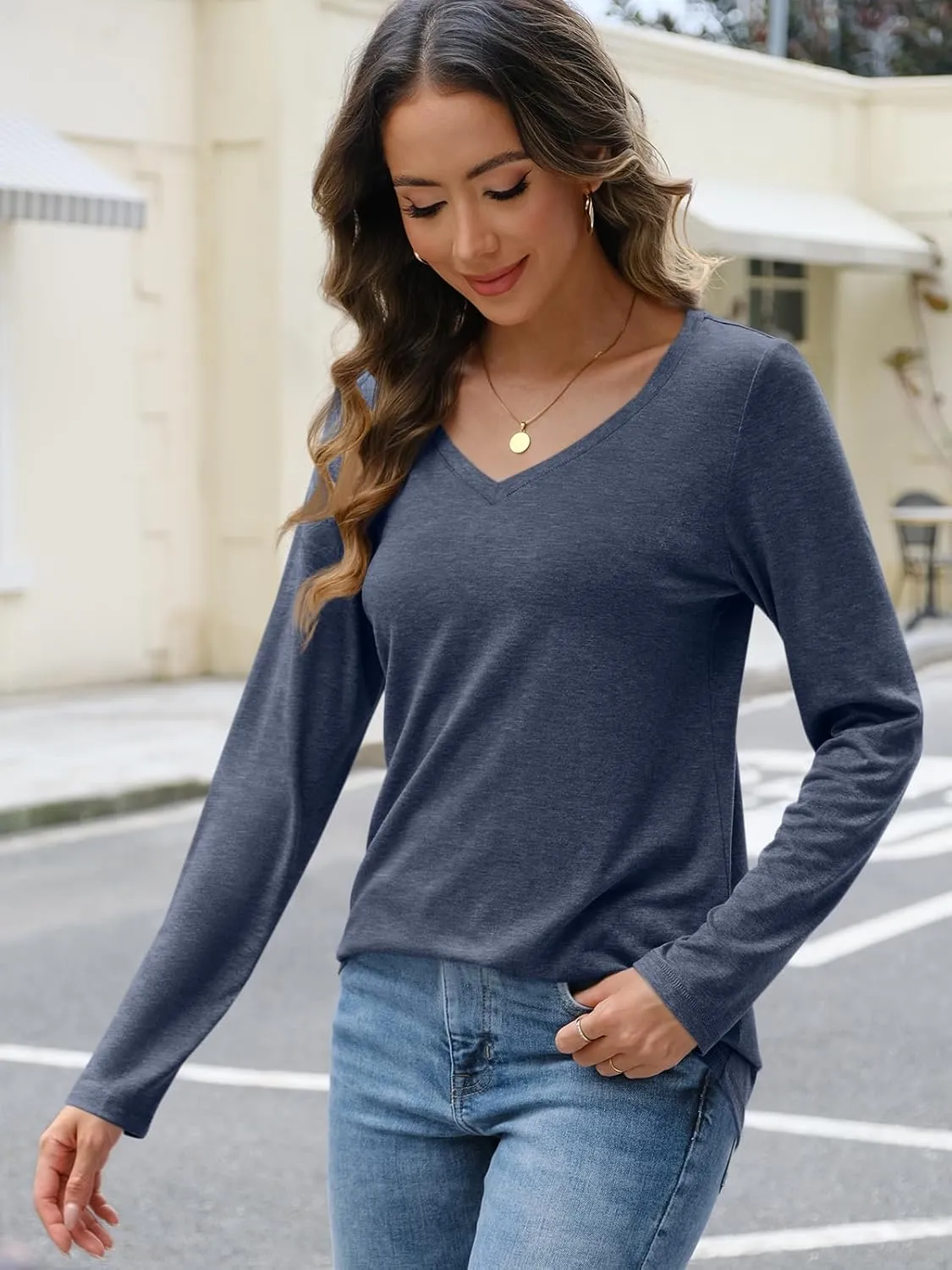 AUTOMET Womens Long Sleeve Shirts V Neck Casual Tops Loose Dressy Basic Fall Fashion Trendy Outfits Winter Clothes
