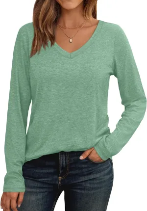 AUTOMET Womens Long Sleeve Shirts V Neck Casual Tops Loose Dressy Basic Fall Fashion Trendy Outfits Winter Clothes