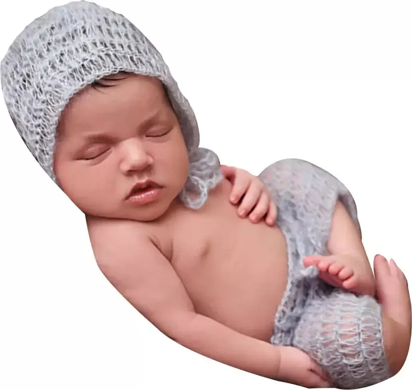 Babymoon Set of 2 | Bow Cap & Pant | Newborn Outfits| Baby Photography Props Costume | Grey