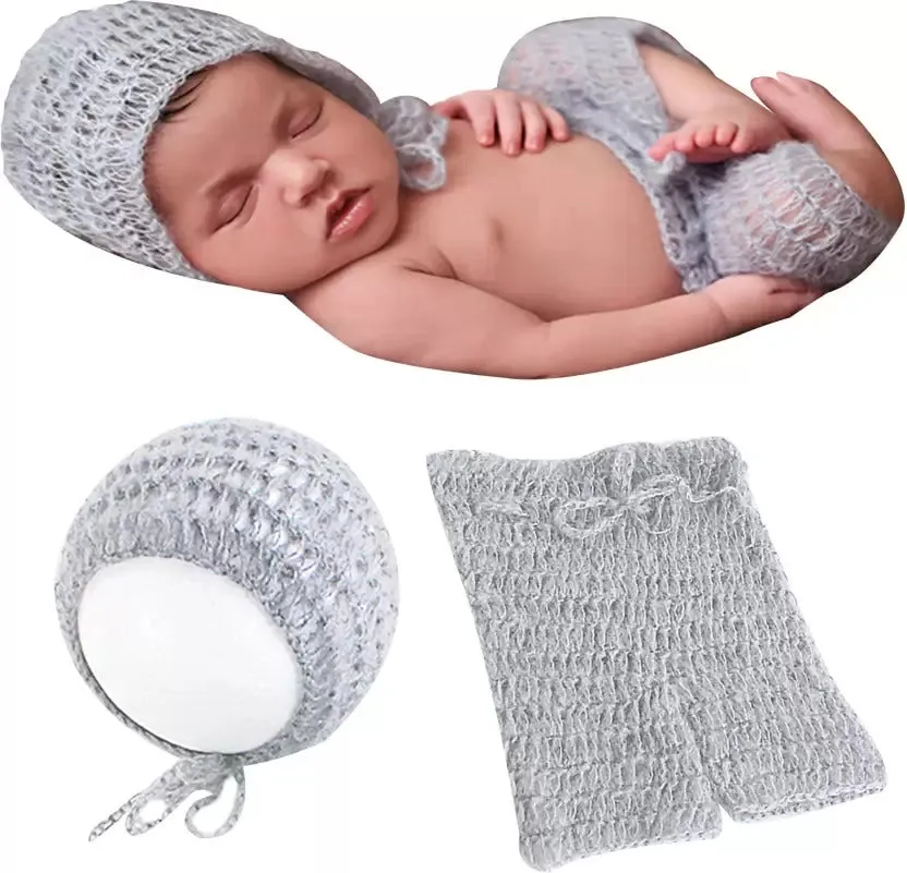 Babymoon Set of 2 | Bow Cap & Pant | Newborn Outfits| Baby Photography Props Costume | Grey