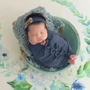 Babymoon Set Of 7 | Butterfly Ready Wrap, Bow Wrap, Hat, Posing Aid Moon And Flower Headband | Baby Photography Props | DarkBlue
