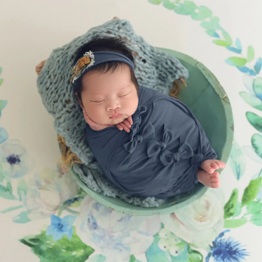 Babymoon Set Of 7 | Butterfly Ready Wrap, Bow Wrap, Hat, Posing Aid Moon And Flower Headband | Baby Photography Props | DarkBlue