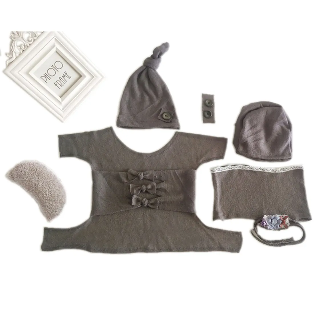 Babymoon Set Of 7 | Butterfly Ready Wrap, Bow Wrap, Hat, Posing Aid Moon And Flower Headband | Baby Photography Props | Grey