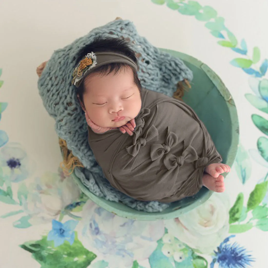 Babymoon Set Of 7 | Butterfly Ready Wrap, Bow Wrap, Hat, Posing Aid Moon And Flower Headband | Baby Photography Props | Grey