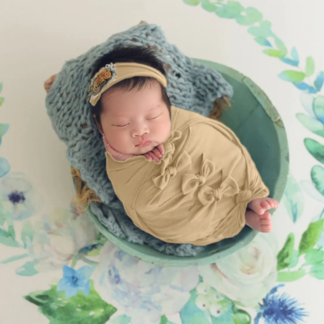 Babymoon Set Of 7 | Butterfly Ready Wrap, Bow Wrap, Hat, Posing Aid Moon And Flower Headband | Baby Photography Props | Yellow