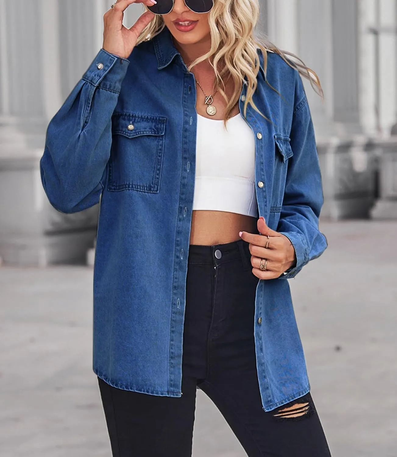 chouyatou Women's Spring Long Sleeve Denim Jean Shirts Button Down Shirt Business Casual Tops