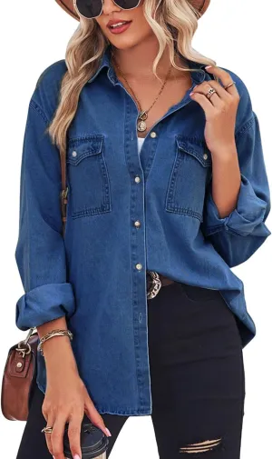 chouyatou Women's Spring Long Sleeve Denim Jean Shirts Button Down Shirt Business Casual Tops