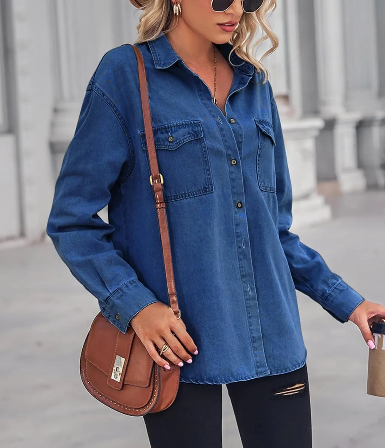 chouyatou Women's Spring Long Sleeve Denim Jean Shirts Button Down Shirt Business Casual Tops