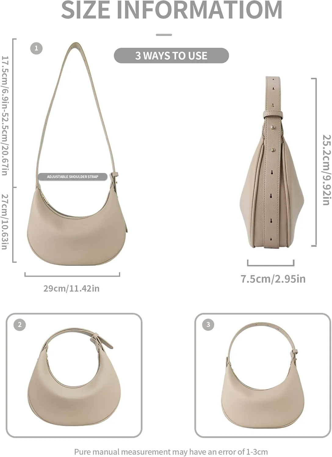 Comeon Crescent Shoulder Bag for Women, PU Leather Hobo CrossBody Bag, Adjustable Clutch Tote Purse and Handbag with Zipper