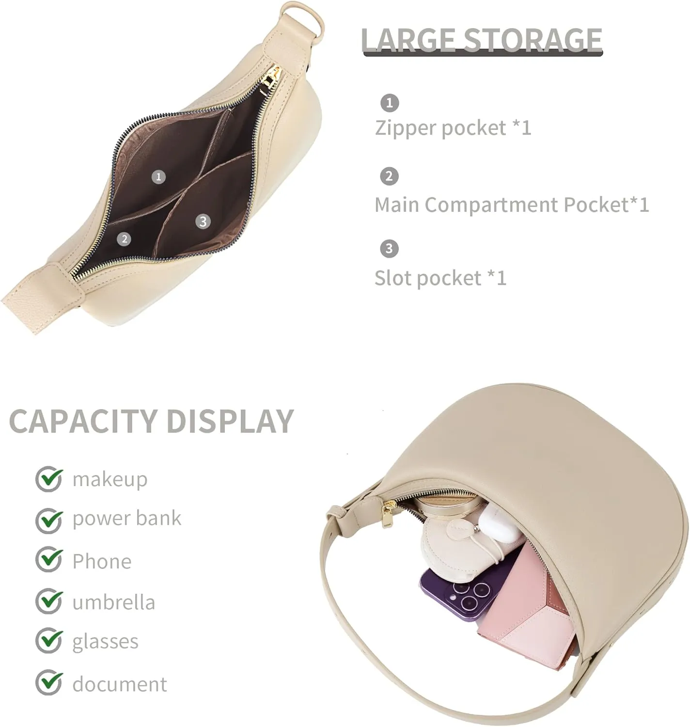 Comeon Crescent Shoulder Bag for Women, PU Leather Hobo CrossBody Bag, Adjustable Clutch Tote Purse and Handbag with Zipper