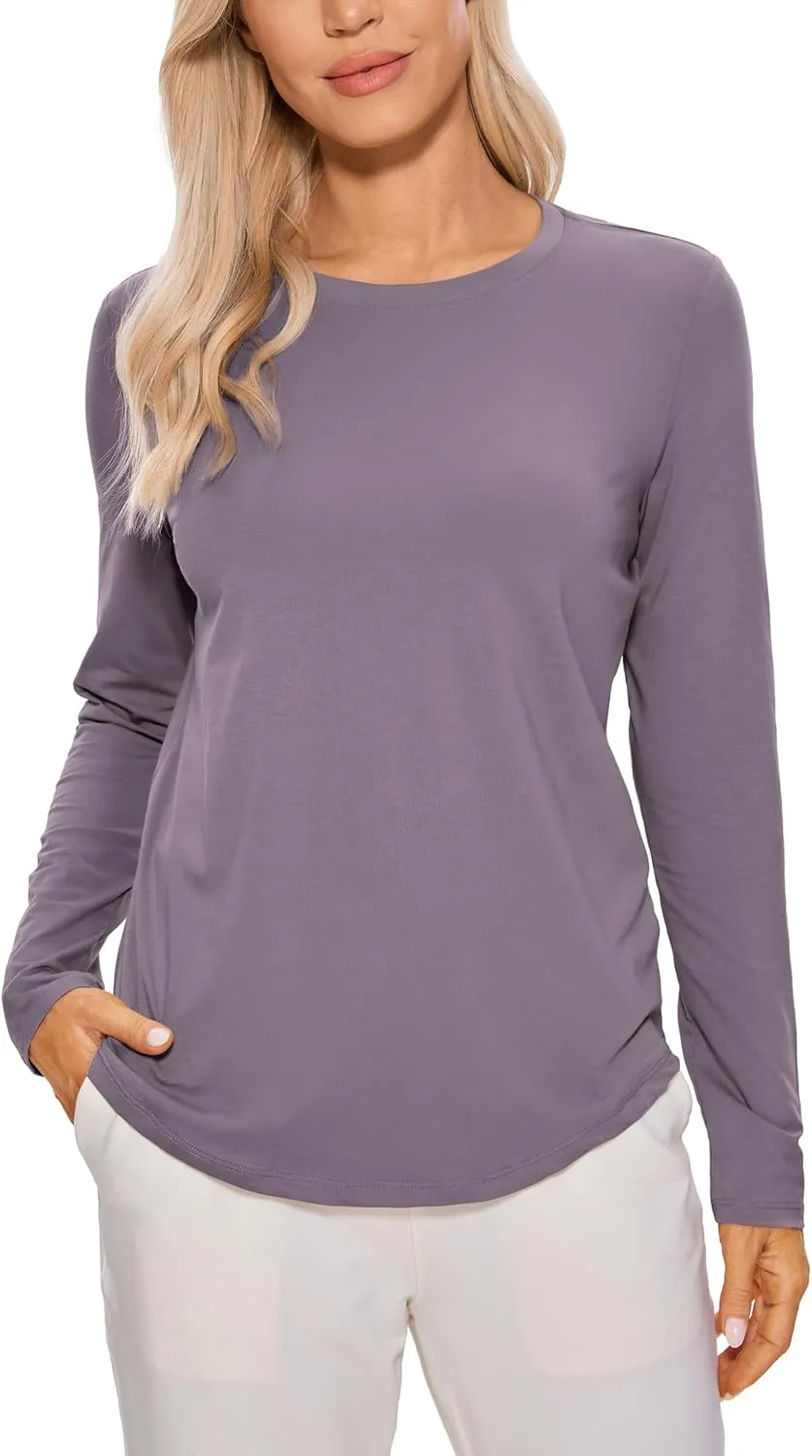 CRZ YOGA Pima Cotton Workout Long Sleeve Shirts for Women Athletic Crewneck Yoga Casual Tops Plain T-Shirt