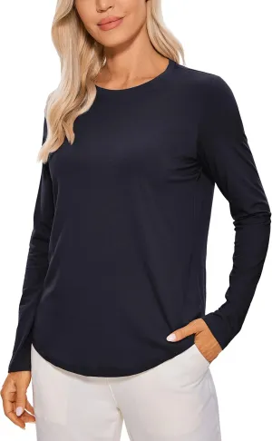 CRZ YOGA Pima Cotton Workout Long Sleeve Shirts for Women Athletic Crewneck Yoga Casual Tops Plain T-Shirt