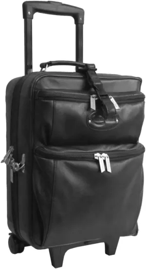 Eclectic Escape Leather Garment Bag 15" x 10" x 22" Black Leather Rolling Suitcase with Wheels Adjustable Shoulder Strap