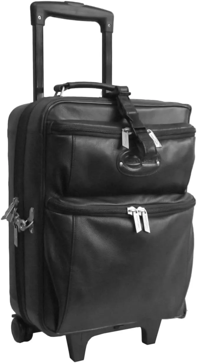 Eclectic Escape Leather Garment Bag 15" x 10" x 22" Black Leather Rolling Suitcase with Wheels Adjustable Shoulder Strap