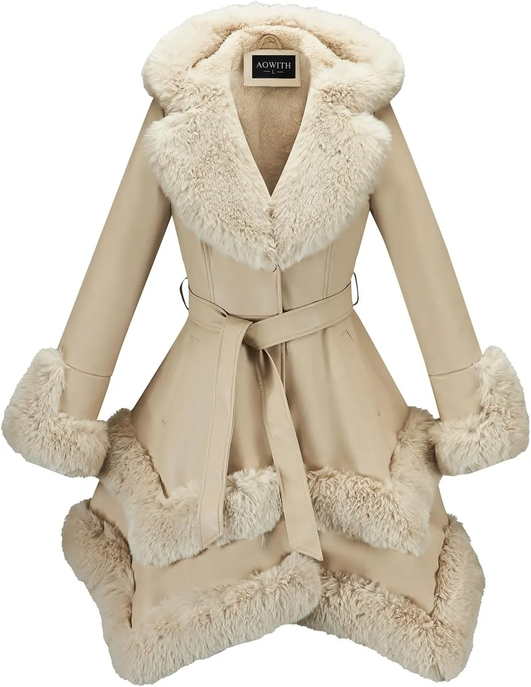 Faux Leather Jacket for Women with Faux Fur Collar Long Sleeve Parka with Pockets Warm Winter Coat with Belt