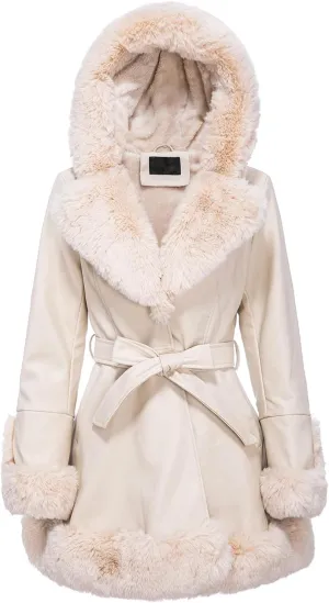Faux Leather Jacket for Women with Faux Fur Collar Long Sleeve Parka with Pockets Warm Winter Coat with Belt