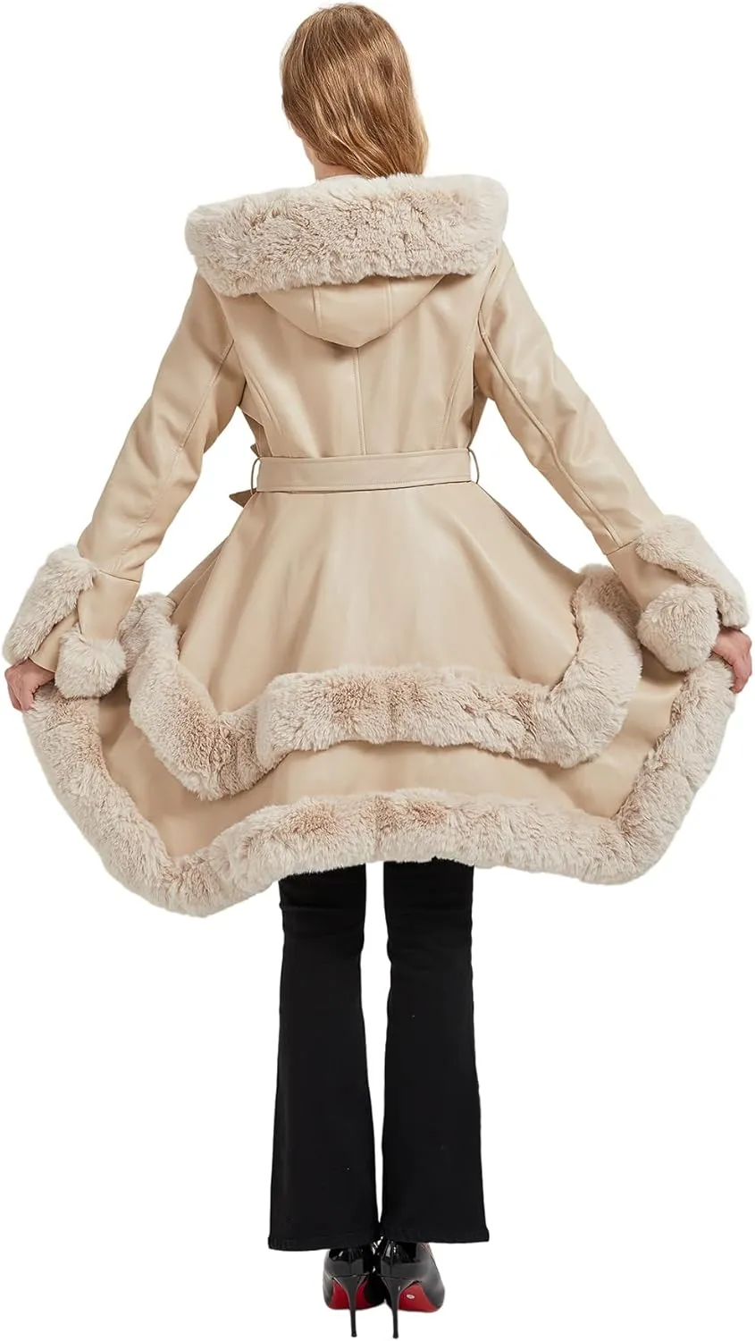 Faux Leather Jacket for Women with Faux Fur Collar Long Sleeve Parka with Pockets Warm Winter Coat with Belt