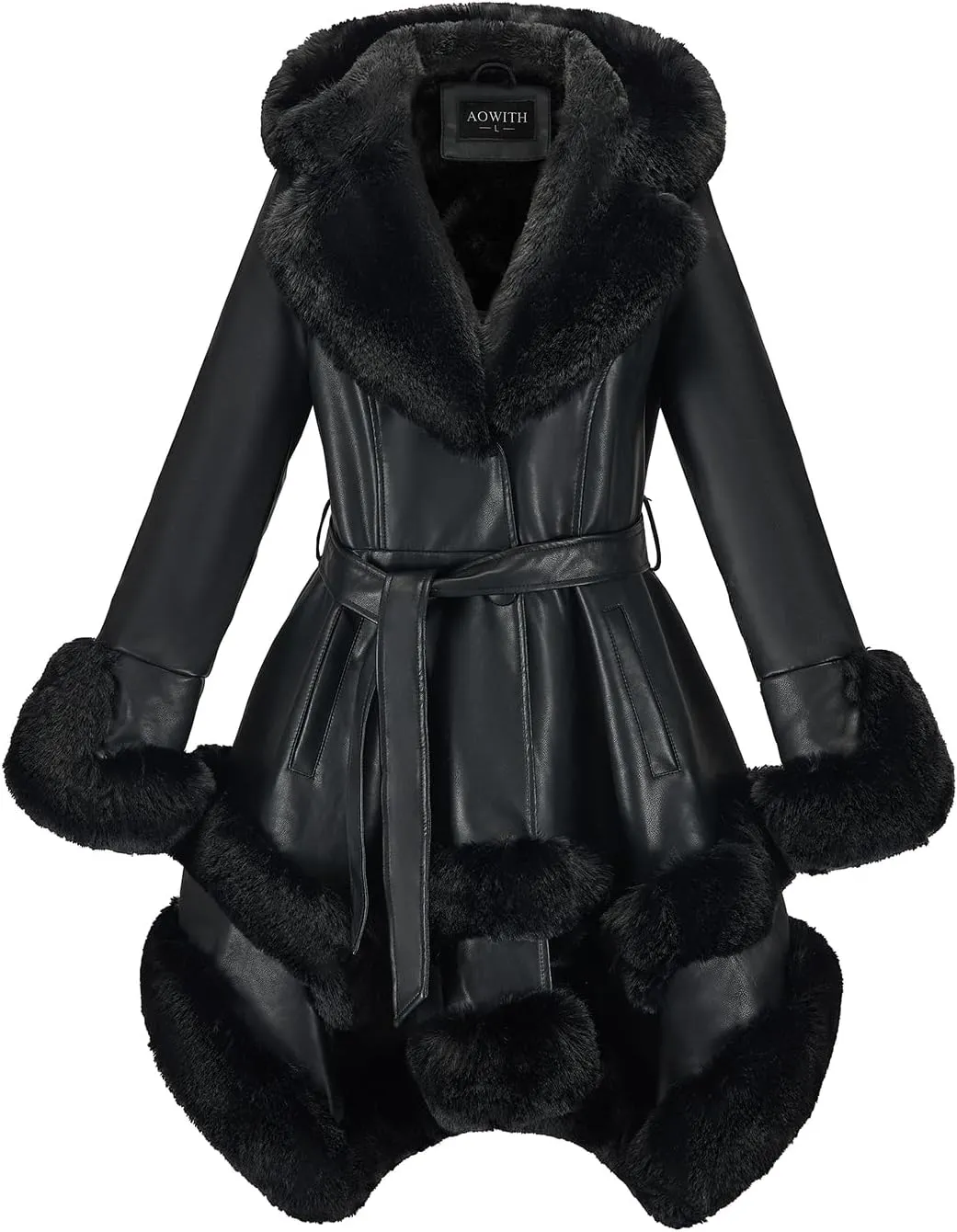 Faux Leather Jacket for Women with Faux Fur Collar Long Sleeve Parka with Pockets Warm Winter Coat with Belt