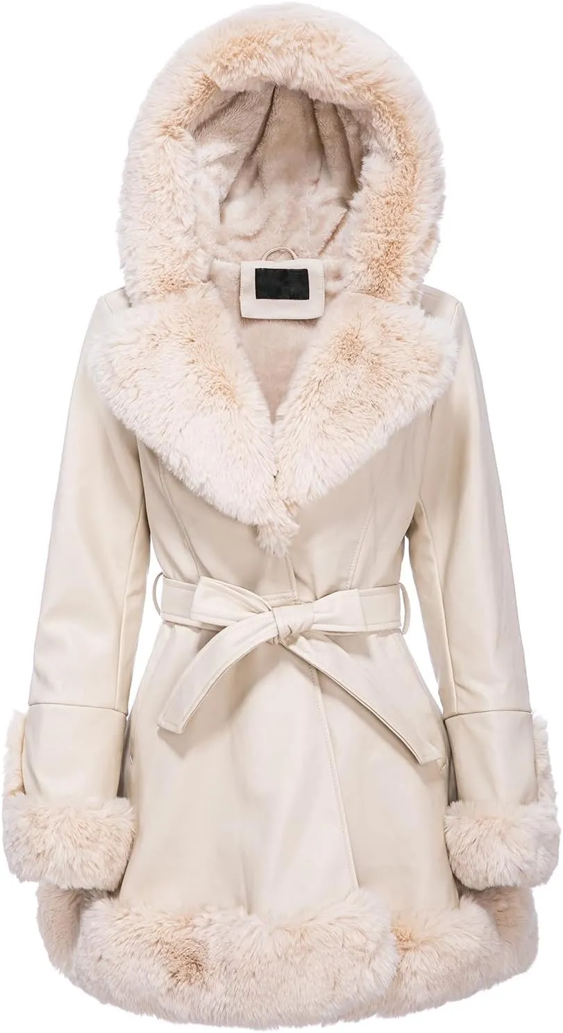 Faux Leather Jacket for Women with Faux Fur Collar Long Sleeve Parka with Pockets Warm Winter Coat with Belt