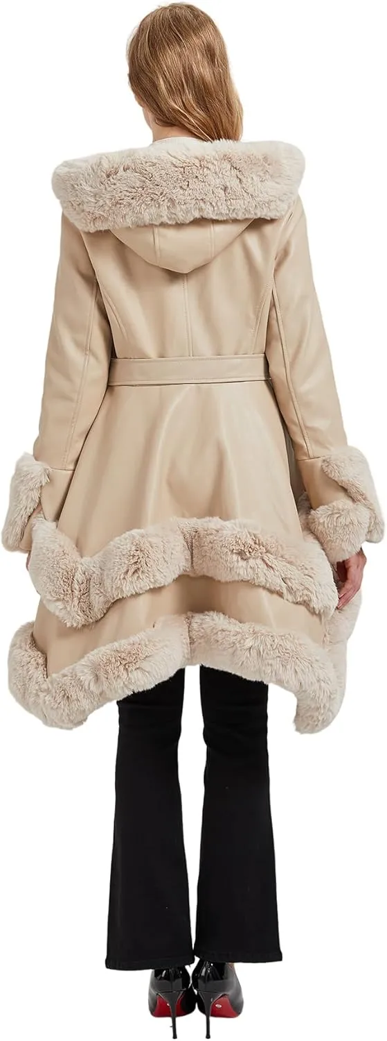 Faux Leather Jacket for Women with Faux Fur Collar Long Sleeve Parka with Pockets Warm Winter Coat with Belt