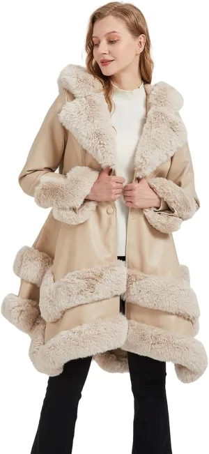 Faux Leather Jacket for Women with Faux Fur Collar Long Sleeve Parka with Pockets Warm Winter Coat with Belt