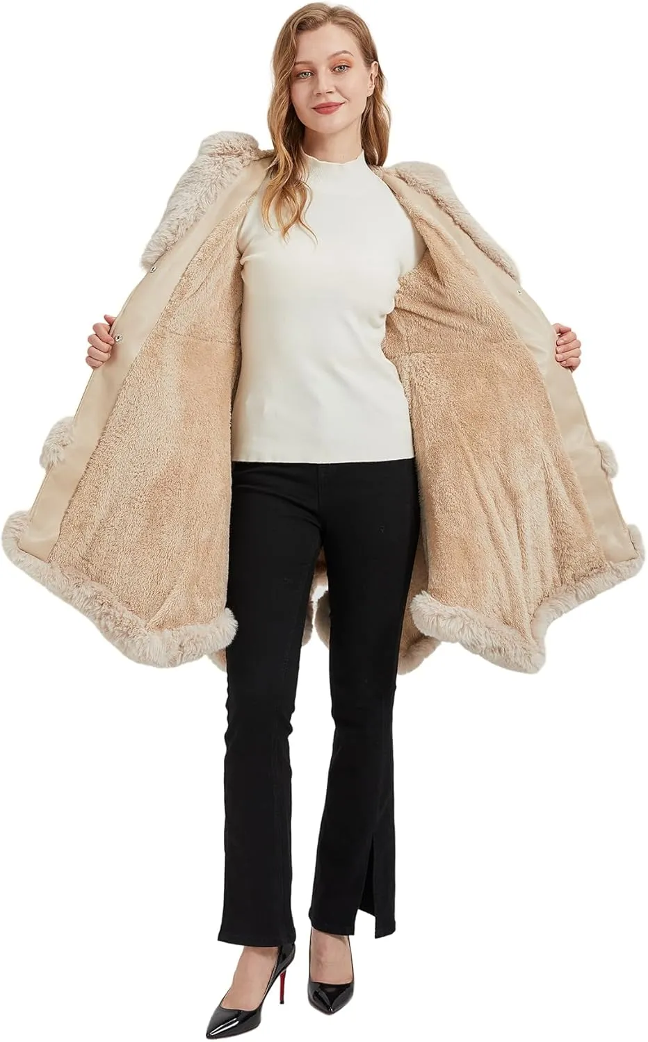 Faux Leather Jacket for Women with Faux Fur Collar Long Sleeve Parka with Pockets Warm Winter Coat with Belt