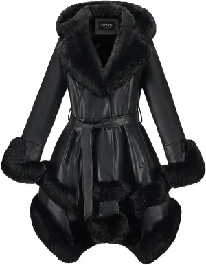 Faux Leather Jacket for Women with Faux Fur Collar Long Sleeve Parka with Pockets Warm Winter Coat with Belt