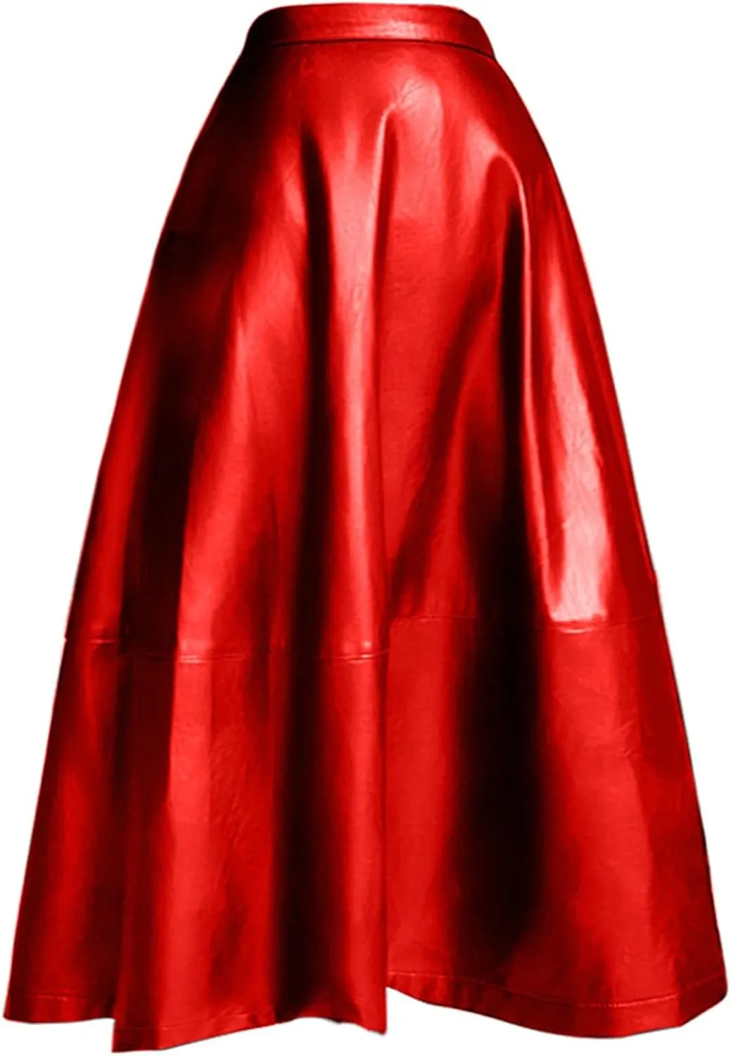 Faux Leather Skirts for Women High Waisted A-Line Pleated Midi Skirt Vintage Casual Stretch Knee Length Party Skirt Clubwear