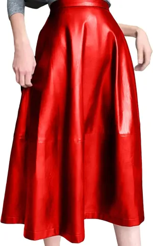 Faux Leather Skirts for Women High Waisted A-Line Pleated Midi Skirt Vintage Casual Stretch Knee Length Party Skirt Clubwear