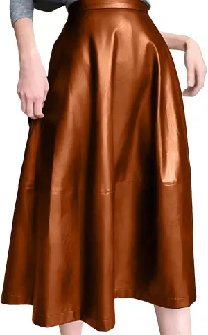 Faux Leather Skirts for Women High Waisted A-Line Pleated Midi Skirt Vintage Casual Stretch Knee Length Party Skirt Clubwear