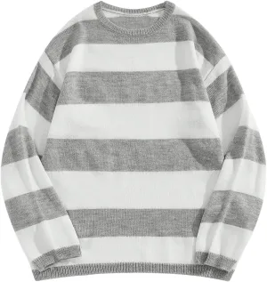 Floerns Men's Striped Pullover Sweater Colorblock Crew Neck Knit Casual Tops