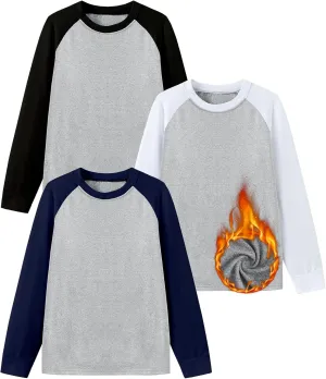HIBETY Boy's 3 Pack Fleece Lined Long Sleeve Sweatshirts, UPF 50  Sun Protection Athletic Shirts for Kids
