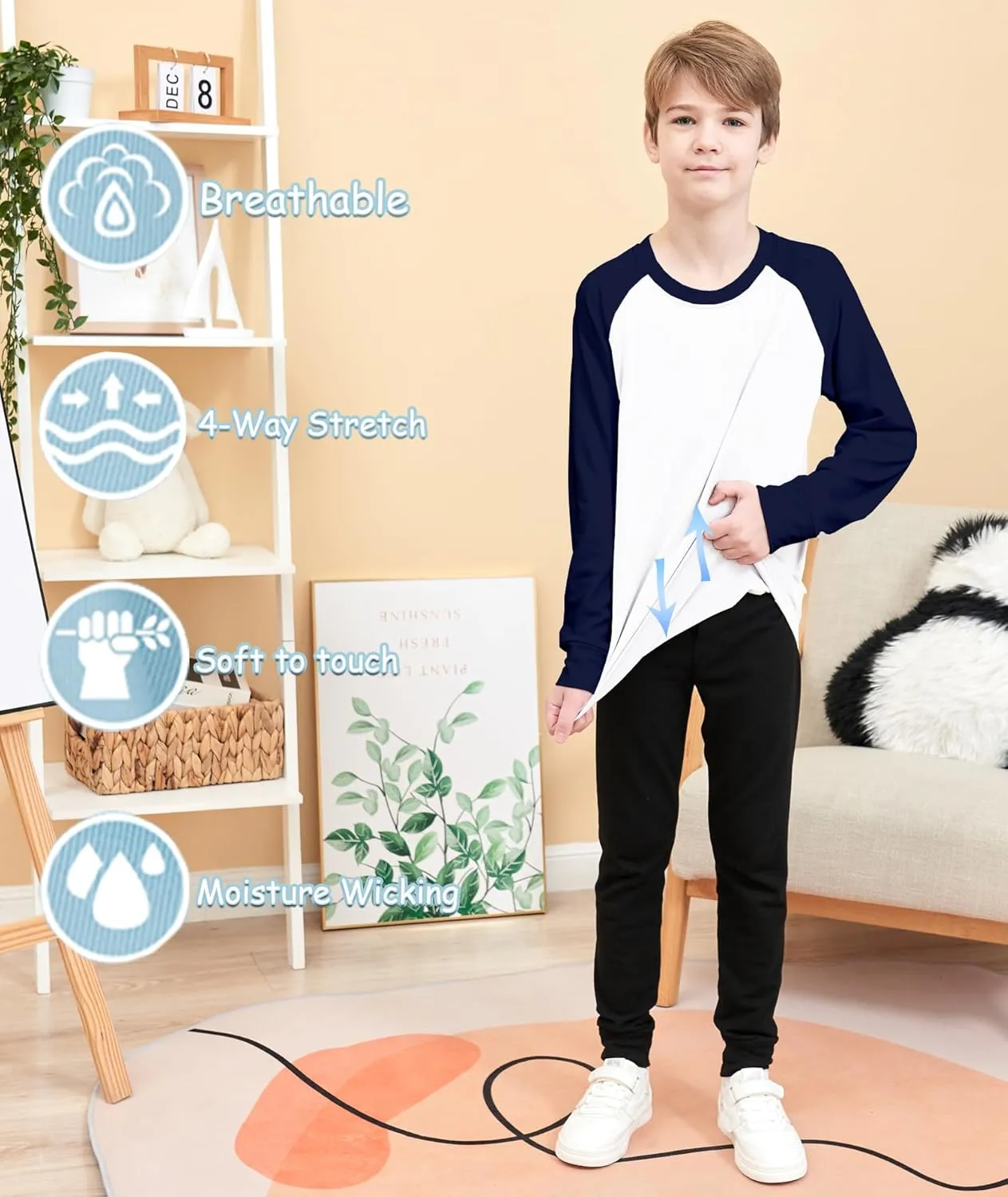 HIBETY Boy's 3 Pack Fleece Lined Long Sleeve Sweatshirts, UPF 50  Sun Protection Athletic Shirts for Kids