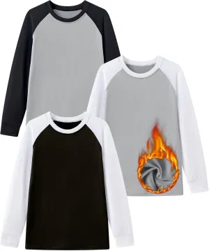 HIBETY Boy's 3 Pack Fleece Lined Long Sleeve Sweatshirts, UPF 50  Sun Protection Athletic Shirts for Kids