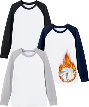 HIBETY Boy's 3 Pack Fleece Lined Long Sleeve Sweatshirts, UPF 50  Sun Protection Athletic Shirts for Kids