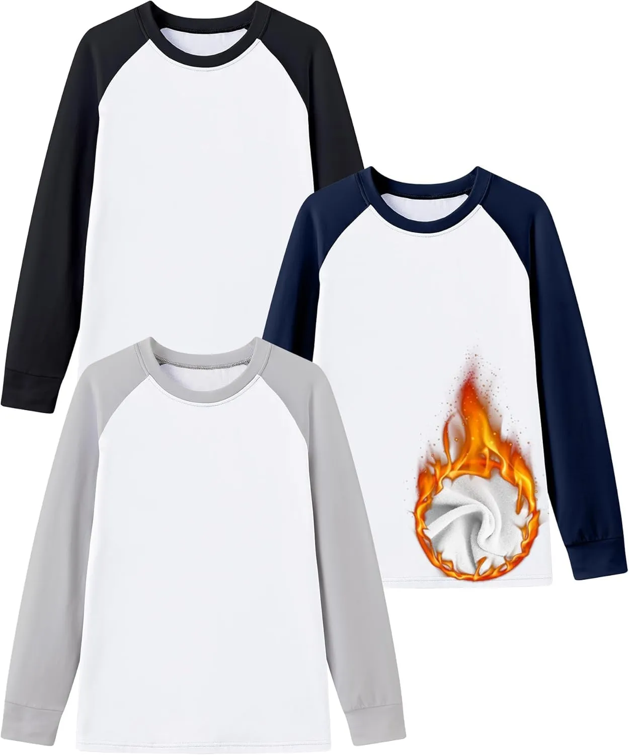 HIBETY Boy's 3 Pack Fleece Lined Long Sleeve Sweatshirts, UPF 50  Sun Protection Athletic Shirts for Kids